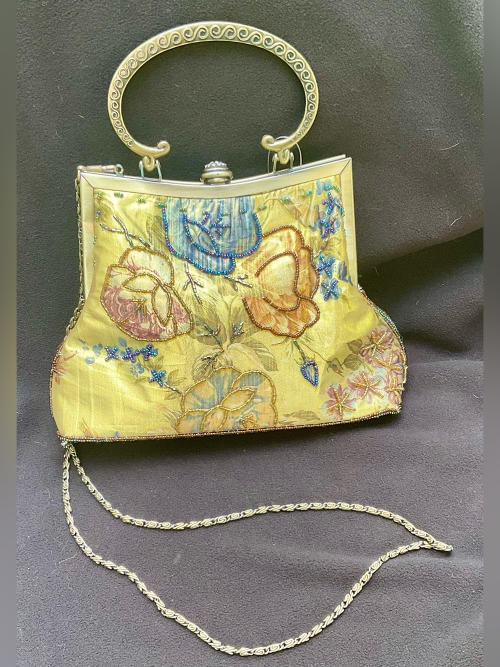 Embroidered Yellow Floral Evening Handbag with Ornate Handle